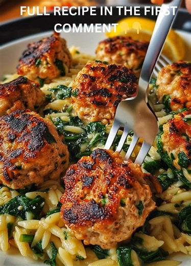 Lemony Chicken Ricotta Meatballs Over Garlic Spinach Orzo 🍋🍝 Ingredients 1 pound ground chicken 1 cup ricotta cheese ½ cup grated Parmesan cheese ...... Full Recipe in Coʍmеոτ 💬 | Recipes Easy Pro