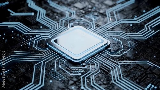 Central computing processor animation video with microchip and digital circuit connections, advanced semiconductor technology, high speed data flow and modern electronics background