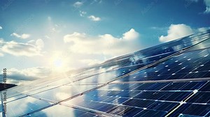 The sky and solar panels reflect the sparkling light from the sun, clean energy and the environment.