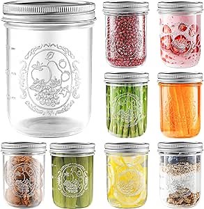 Mason Jars 16 oz with Lids, 9 Pcs Wide Mouth Glass Canning Jars with Airtight Lids and Bands, Overnight Oats Containers for Pickling, Freezing, Preserving, Meal Prep, Jar Décor