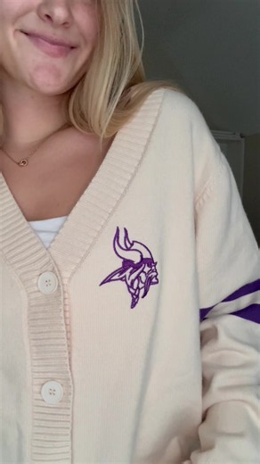 Our new Vikings Varsity Cardigan is the PERFECT addition to your fall wardrobe ✨💜🎃 Link in bio! #fallcardigan #minnesotavikings #skol #outfitinspo #gameday