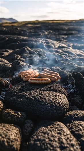 Cooking Sizzling Sausages on Red Hot Volcanic Lava Flow