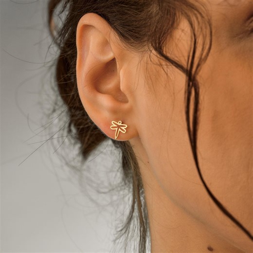14k Gold Dragonfly Studs Earrings: Minimalist Design, Hypoallergenic Animal Lover Gift Idea - Etsy