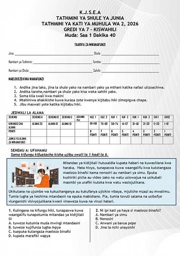 Grade 7 Kiswahili Paper 1 Mid Term 2 2026 Exam