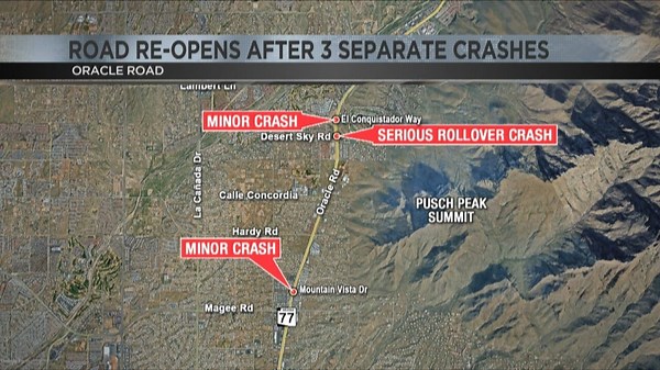 Oracle Road reopens after three separate car crashes at once in Oro Valley