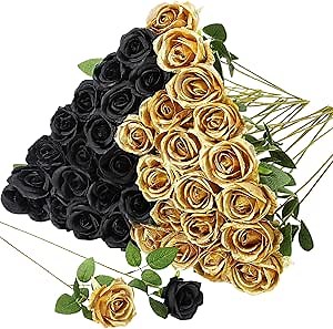 36 Pcs Silk Black Gold Rose Bouquet Bridal Artificial Flowers