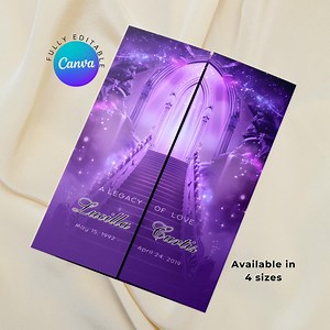 Purple Heavenly Gatefold Funeral Program Template Editable Canva Obituary for Memorial Service, Funeral Brochure for Celebration of Life - Etsy