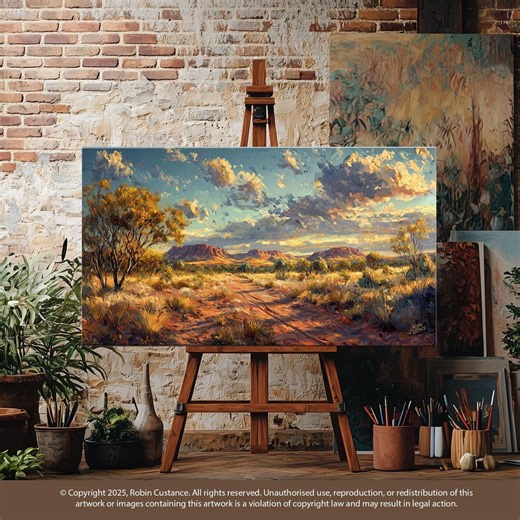 Aboriginal Painting of Outback Australian Landscape at Golden Hour - Digital Artwork by Robin Custance - Etsy Australia