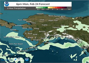 Lighter showers earlier in the week will give way to more active weather as two lows move towards Southern Alaska for Wednesday and Thursday. Video description: Animation of 6-hour precipitation from the GFS model for Alaska. The loop runs from 3pm today through 6am Thursday. For today and Tuesday, spotty showers across Southern Alaska and the Bering Sea. For Wednesday and Thursday, two storm systems move towards Southern Alaska from the North Pacific Ocean, bringing widespread precipitation alo