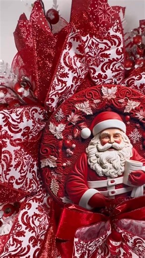 This Santa Clause Christmas Deco Mesh Wreath is perfect for your front porch decor. It features beautiful red and white glittered ribbons. There are two deco meshes used in this wreath, white with red stripes , and red mesh with red tinsel stripes. The red and white Santa sign is stunning, and it looks three dimensional, but it’s not. The wreath has red berries that are snow covered paired with white glittered ferns, and together they go all around the wreath. The bow is adorable in red velvet r