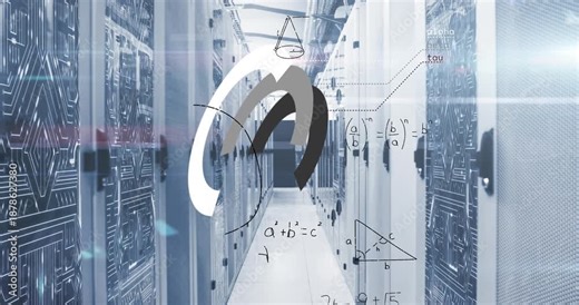 Animation of uploading data roundel and maths calculations over computer server room