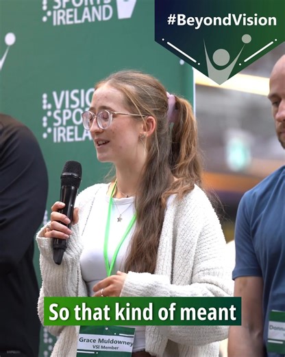 What does equitable access mean to you? That is the question we put to Grace at the launch of our Beyond Vision strategy last year. What change can you make to help us make Irelands sporting landscape more equitable? If you're unsure where to start, check out our suite of resources to help guide you with practical tips and information -https://visionsports.ie/resources/ Or drop us a message to let us know what help you need. [Video ID: Grace stands on stage speaking into a microphone, behind Gra