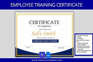 Editable Training Certificate Template: Employee HR Award (MS Word & Google Docs) - Etsy
