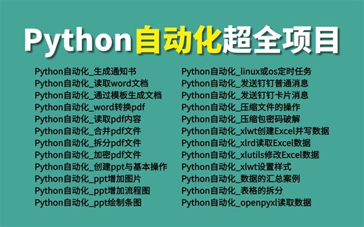 Python自动化超全超新项目合集，Python项目实战，项目实战案例，从零编写Python脚本，快速入门上手提高编码效率