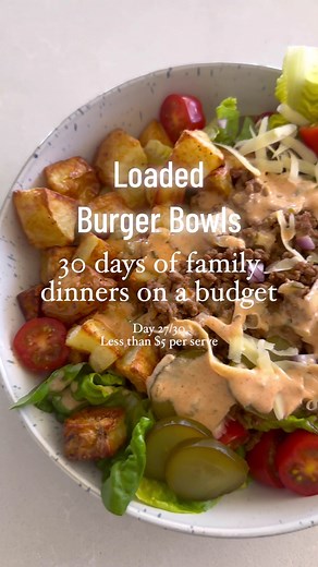 Loaded Burger Bowls This is 30 days of family dinners on a budget. We are up to day 27 and I’m making these quick and easy loaded burger bowls. Yes, it’s a burger in a bowl, wrong in concept, 😂but so delicious to eat! This meal is less than $5 per serve and aside from the fact I’m saving money by not eating out, I love the fact that I know exactly what is in these. The sauce with this is another level and everything can be prepared in advance. You can cook the beef and potatoes, reheat them whe