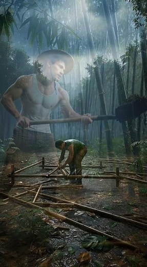 Building a Tiny Jungle Shelter During a Rainstorm (No Tools Survival)