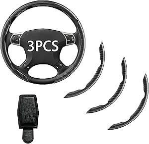 Steering Wheel Covers, Carbon Fiber Anti-Skid Clip on Car Steering Wheel Cover Protector 3PCs, with Magnetic Leather Sunglasses Holder for Car Visor, Black