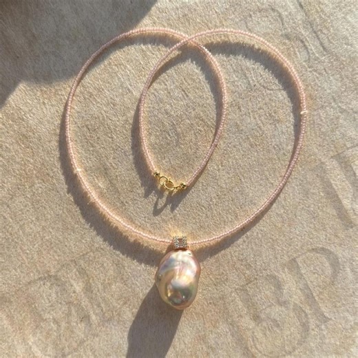 Large Baroque Pearl Pendant, 18k Gold Vermeil Necklace, Rosy Metallic Luster - Etsy
