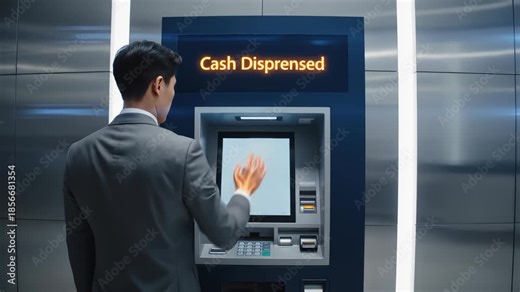 Man Uses an Automated Teller Machine to Withdraw Cash Indoors