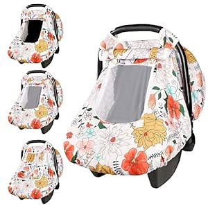 Baby Carseat Cover Girls, Pea Pod Infant Car Seat Covers Canopy for Newborn with 2 Layers Windows of Breathable Mesh/Fabric, Lightweight Polyester/Minky Dot Backing, Snug Fit Most Baby Car Seat