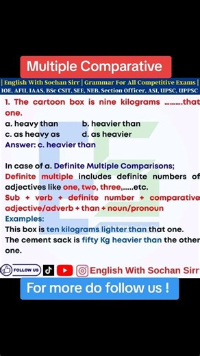 Multiple Comparative | Multiple Comparatives of Adjectives | Adjectives | Adjectives by Sochan Sir