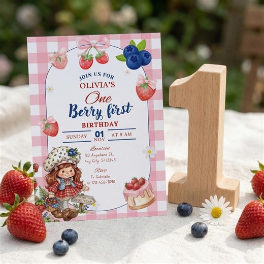 Strawberry Shortcake Birthday Invitation, Berry 1st Birthday Invite, Sweet One Party Decor, Editable Canva Download, 5x7 Printable - Etsy