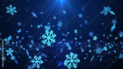 Glowing blue snowflakes of various sizes falling against dark blue background with radiant top light