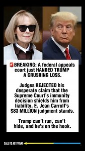 32K views · 10K reactions | BREAKING: A federal appeals court just HANDED TRUMP A CRUSHING LOSS. Judges REJECTED his desperate claim that the Supreme Court’s immunity decision shields him from liability. E. Jean Carroll’s $83 MILLION judgment stands. Trump can’t run, can’t hide, and he’s on the hook. #trumpisguilty #sharethis #lockhimup #project2025 #stoptrump #nevertrump #politicalmemes | CALL TO ACTIVISM | Facebook
