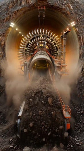 Massive Tunnel Boring Machine Emerges from Mountain Face