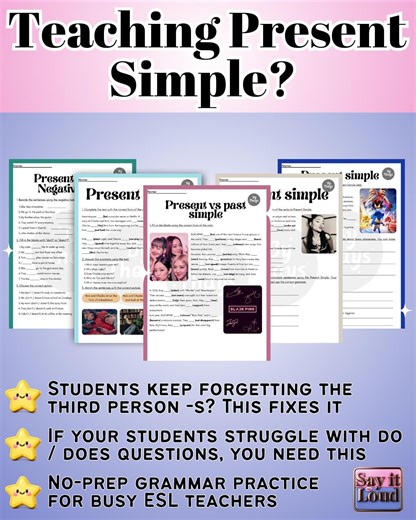 Present Simple & Past Simple Worksheets | ESL Grammar Activities A1–A2 | No Prep Printable PDF (7 Worksheets) - Etsy
