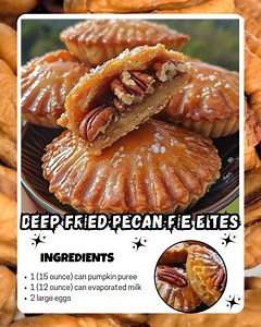 Deep Fried Pecan Pie Bites Ingredients: 1 (15 ounce) can pumpkin puree 1 (12 ounce) can evaporated milk 2 large eggs 1 cup (200g) granulated sugar 1 teaspoon ground cinnamon 1/2 teaspoon ground ginger 1/4 teaspoon ground cloves 1/4 teaspoon ground nutmeg 1 1/2 cups (190g) pecan halves 1 cup (120g) all-purpose flour 1 teaspoon baking powder 1/2 teaspoon salt Vegetable oil, for frying Powdered sugar, for dusting Directions: 1. Preheat oven to 350°F (175°C). 2. In a large bowl, whisk together pumpk