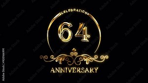 64th Anniversary Celebration. Happy 64 Years Anniversary Animation in Gold Color on the Transparent Background, Alpha Channel. Great for greetings, celebrations, events, and gifts.