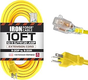 Iron Forge Cable 10 Ft Extension Cord - Nema 5-20 Extension Cord, 5-20P to 5-20R Lighted Yellow SJTW 12 Gauge Electric Cable, 20 Amp Heavy Duty