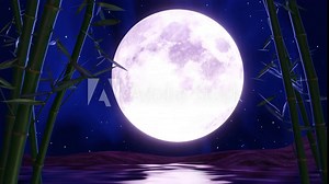 Full moon night or supermoon reflected on the sea. There is a backdrop of bamboo. The zen style image looks calm, Movment bamboo trees and water surface. 3D rendering