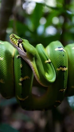 Green python hanging from a tree.