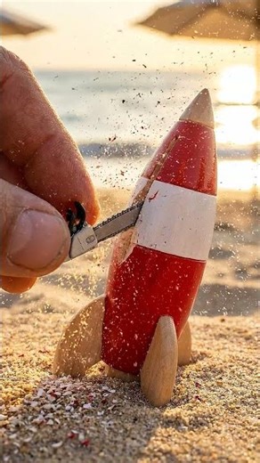 Tiny Saw Cutting a Wooden Rocket on the Beach 🤯🚀
