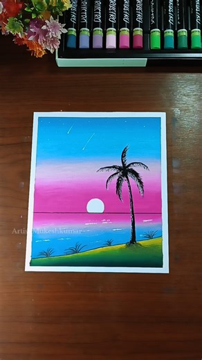 ✨ Easy coconut tree and river painting l moonlight scenery with oil pastel art #shorts #art