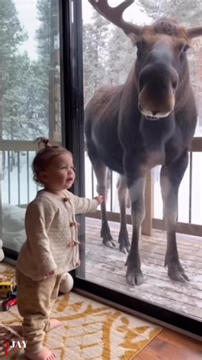 4.6M views · 67K reactions | When you’re just trying to watch cartoons but a Canadian horse with upgrades shows up at your door. 龜 Toddler: ‘Look mommy, it’s a horse with antlers!’ Mom: ‘That’s a moose, baby.’ Toddler, now an expert: ‘MOOOOOSE!’ Meanwhile the moose is like, ‘Yep. Nailed it.’ #MooseVisit #TinyHumanLogic #NatureAtTheDoor #UnexpectedGuests #ParentLife #AI | Next Stop Hollywood | Facebook