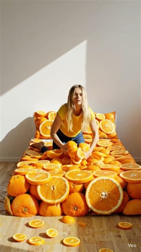 A young lady jump upon the orange bed that's looks very satisfying and realistic using Ai tool