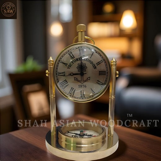 Antique Brass Victorian Desk Clock With Compass - Nautical Home Decor - Etsy
