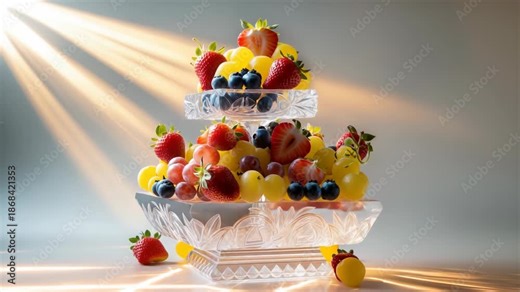 Detailed cinematic compilation of premium 3D lifestyle assets featuring a blooming pink sakura tree in glass, luxury diamond jewelry under rose arches, fresh gourmet fruit displays on crystal stands