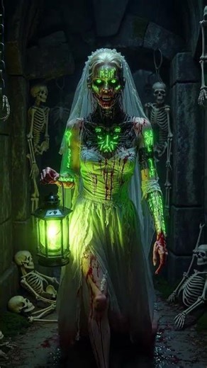 Bloody Cyborg Bride with Glowing Green Eyes in Crypt of Skeletons 😱 | Dark AI Horror
