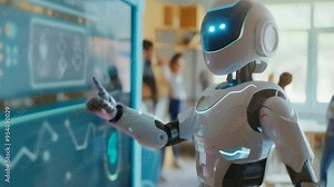 Robot pointing at a digital screen in a classroom, demonstrating AI's role in learning and technology.