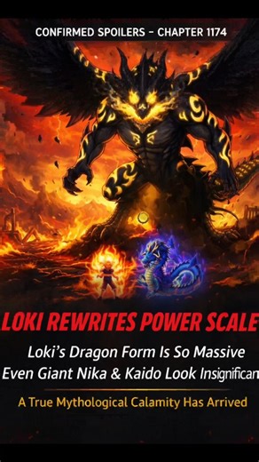 LOKI’S DRAGON FORM BREAKS THE SCALE?! Chapter 1174 Spoilers Explained One Piece Chapter 1174 spoilers have completely shattered the power scale. Loki transforms into a massive black dragon, saving the giant children in a jaw-dropping moment — but his size alone shakes the entire island of Elbaf. Some leakers suggest he may be dozens of times larger than Kaido’s dragon form. But that’s not all. His glowing eyes resemble Domi Reversi victims and even Big Mom, hinting at possible soul manipulation 