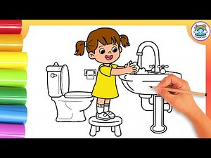 Girl Washing👧🧼 Her Hands 💦🚰🚽🌈 Drawing and Coloring for Kids
