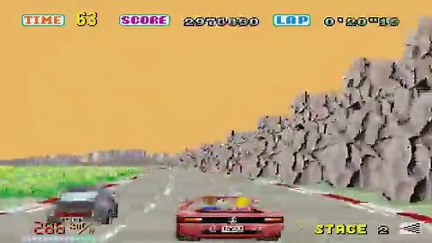 3DカーレースゲームにBGMが付いたの、おそらくOutRunがはじめてだったんじゃないかなバイクならハングオンかエンジン音だけだったレースゲームにBGMを付けるのもはや発明だったよのセガは圧倒的なハードスペックで3Dゲームの完成度が他社を圧倒してた