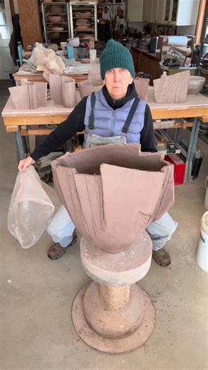 Catherine White on Instagram: "Large work for the front of the anagama. Coiled and cut for better or worse. #anagama #woodfiredceramics #studioceramics"