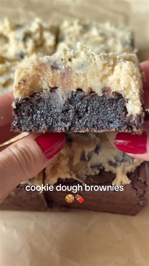 These Cookie Dough Brownies are the ultimate dessert! BROWNIES ▢ ½ cup melted coconut oil, or melted butter ▢ 1 cup chocolate chips ▢ 1 cup light brown sugar, loosely packed ▢ 2 eggs ▢ 2 tbsp cocoa powder ▢ 1 tsp vanilla extract ▢ ¼ cup tapioca flour, or cornstarch COOKIE DOUGH ▢ 1 cup flour, gluten free 1 to 1 or all purpose ▢ ½ cup Vegan butter, or regular butter ▢ ½ cup light brown sugar, tightly packed ▢ 1 tbsp granulated sugar ▢ 1 tsp vanilla extract ▢ 1 tsp milk of choice ▢ ⅓ cup mini choc