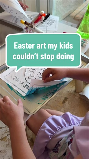 I thought we would make a few Easter eggs…my kids just kept on going! This simple Easter art trick is so fun for kids (and adults): 1️⃣ Color on a baking tray with washable markers 2️⃣ Spray lightly with water 3️⃣ Press the egg template face down 4️⃣ Lift to reveal the coolest tie-dye design You can wipe the tray and do it again and again (which my kids definitely did 😅). The egg templates are from my Easter Printable Activity Pack if you want to try it too. See my printables shop on my website
