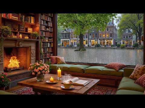 Quiet Rainy Coffee Shop by the Window ☕ Smooth Jazz Piano & Cozy Fireplace for Study